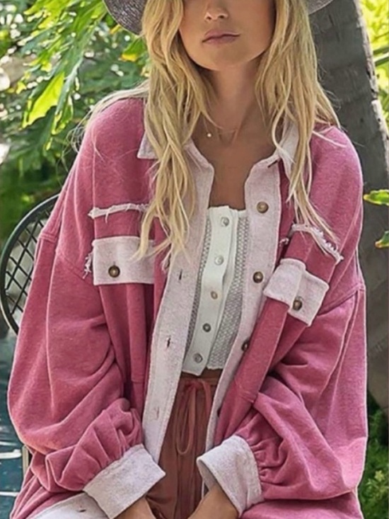 POL Tops - POL Pink French Terry Shacket Raw Hem Button Up Jacket Size Large